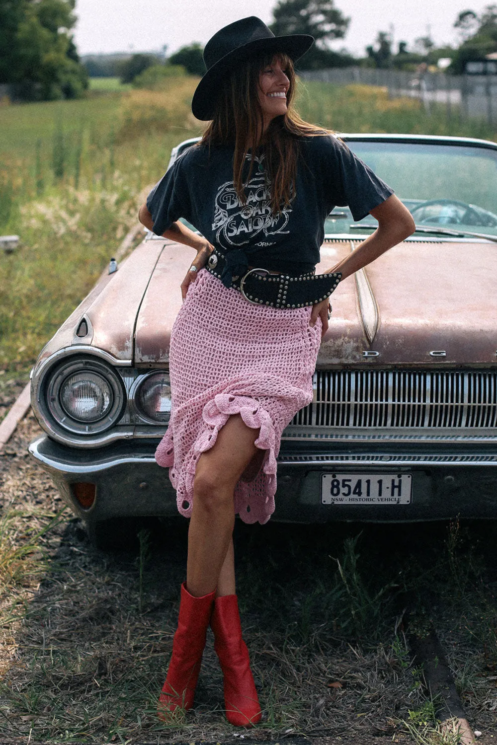 Pink Moon Crochet Midi Skirt