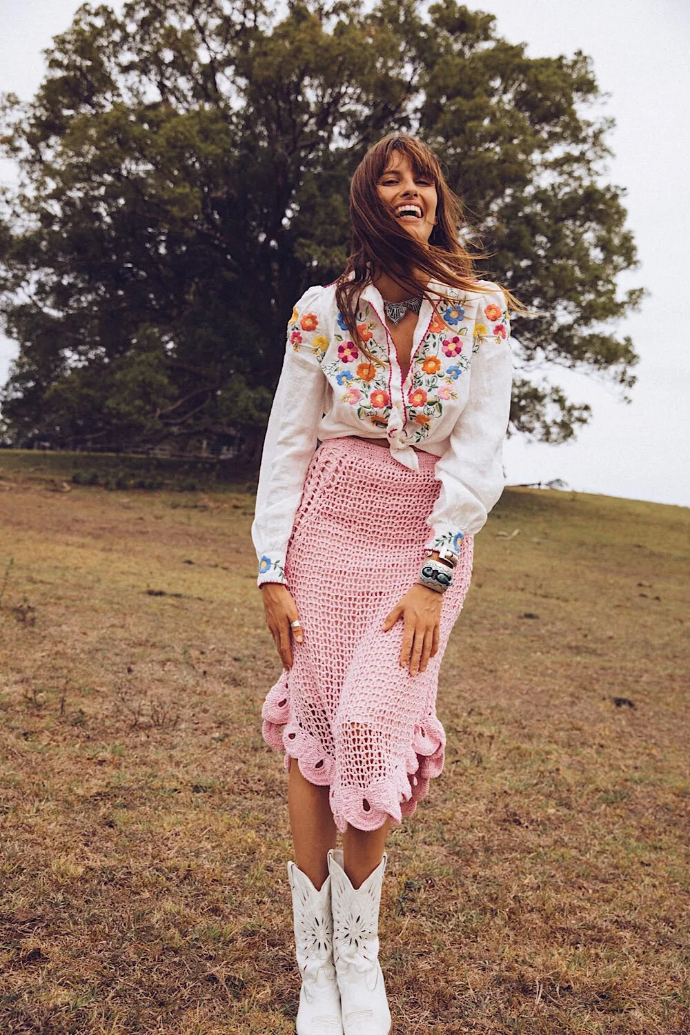 Pink Moon Crochet Midi Skirt