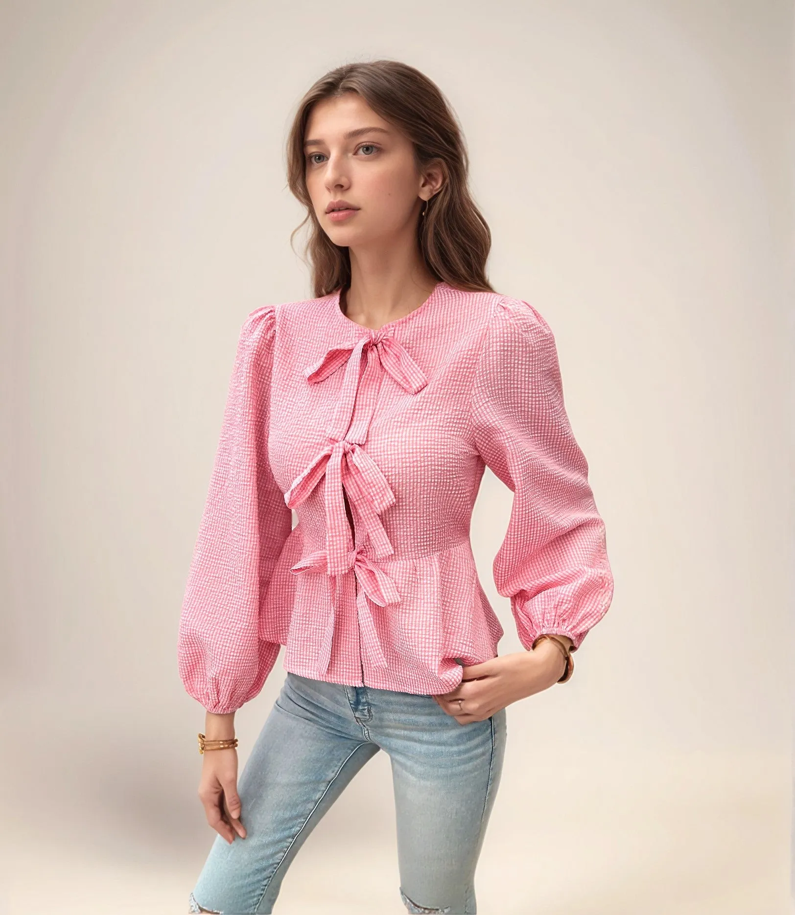 Pink Peplum Top With Front Bow Tie Up