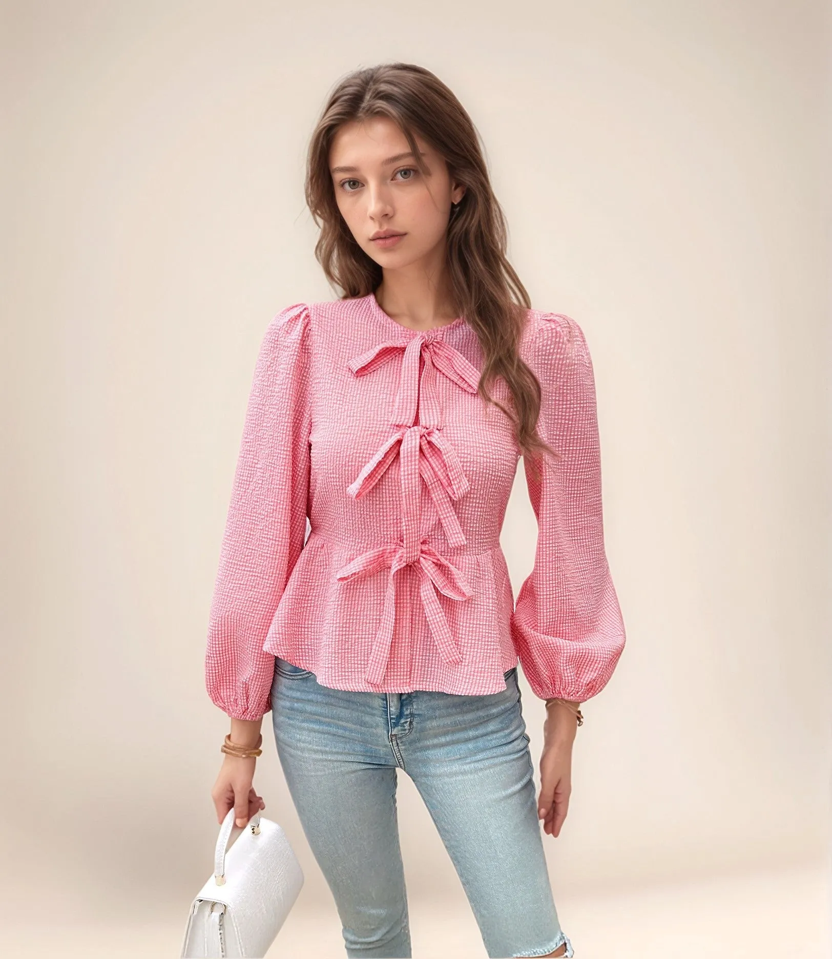Pink Peplum Top With Front Bow Tie Up