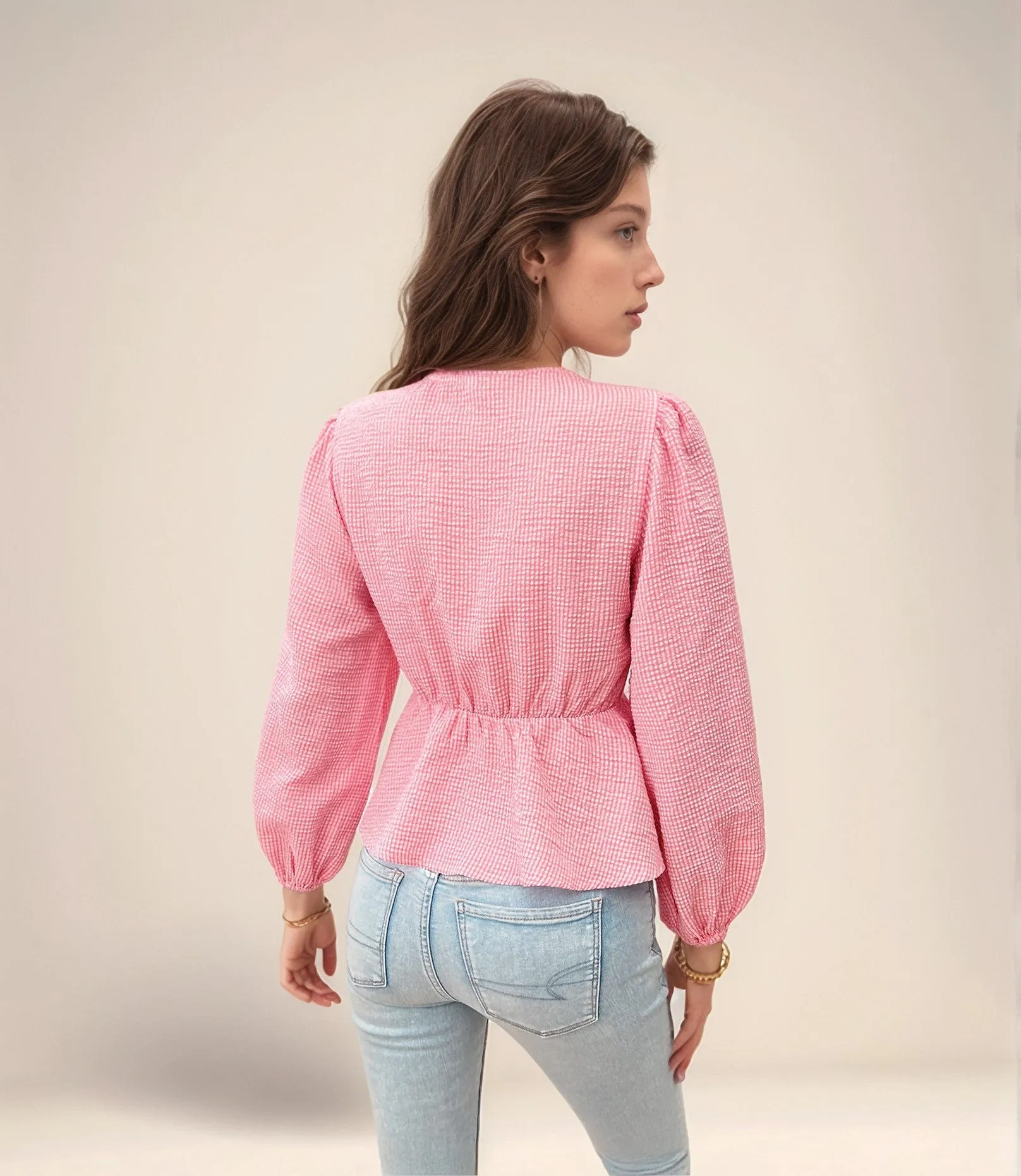 Pink Peplum Top With Front Bow Tie Up