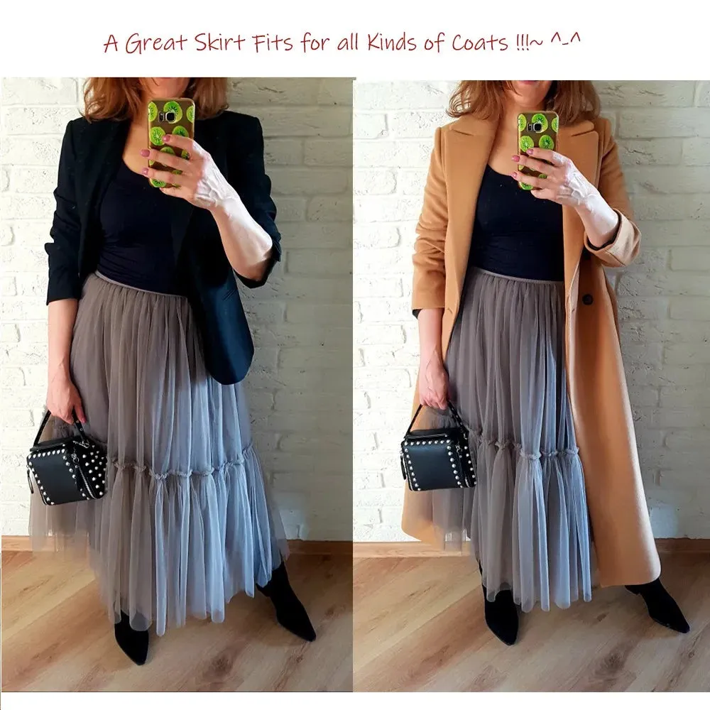 Pleated A-Line Tulle Maxi Skirt with Belt