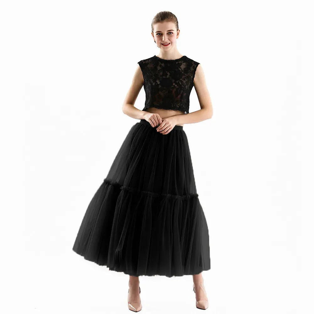 Pleated A-Line Tulle Maxi Skirt with Belt