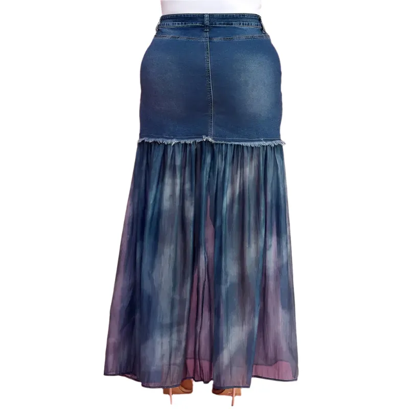 Plus Front Slit Mesh Pleated Patchwork Maxi Denim Skirt