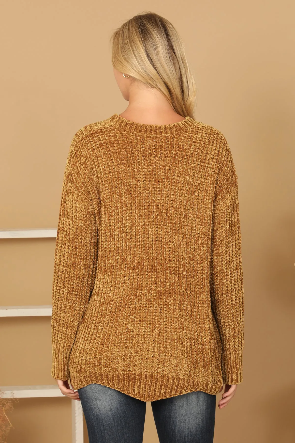 PLUS SIZE CHUNKY CHENILLE KNIT SCALLOPED HEM SWEATER