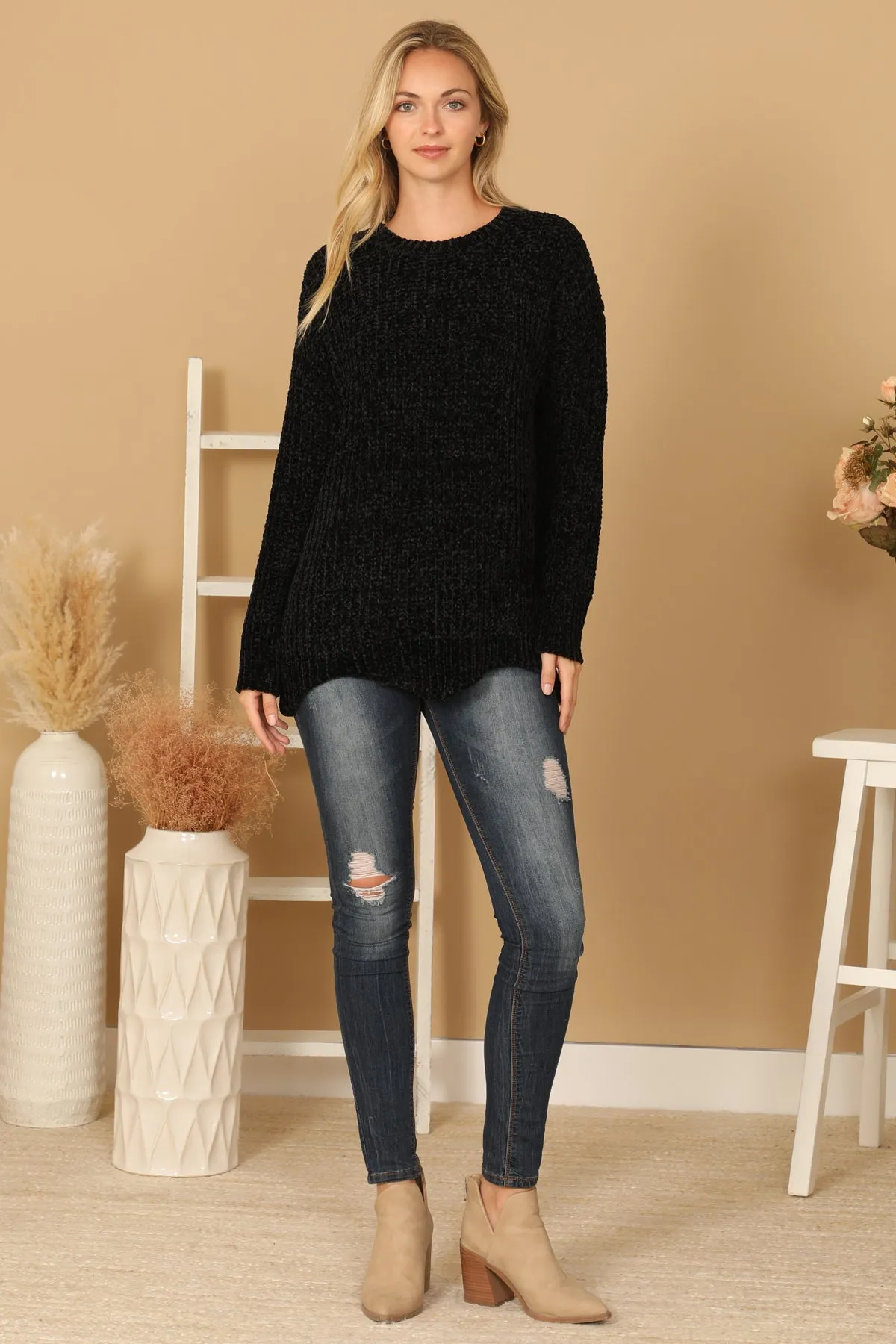 PLUS SIZE CHUNKY CHENILLE KNIT SCALLOPED HEM SWEATER