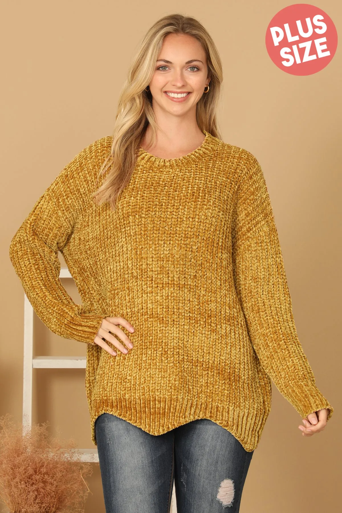 PLUS SIZE CHUNKY CHENILLE KNIT SCALLOPED HEM SWEATER