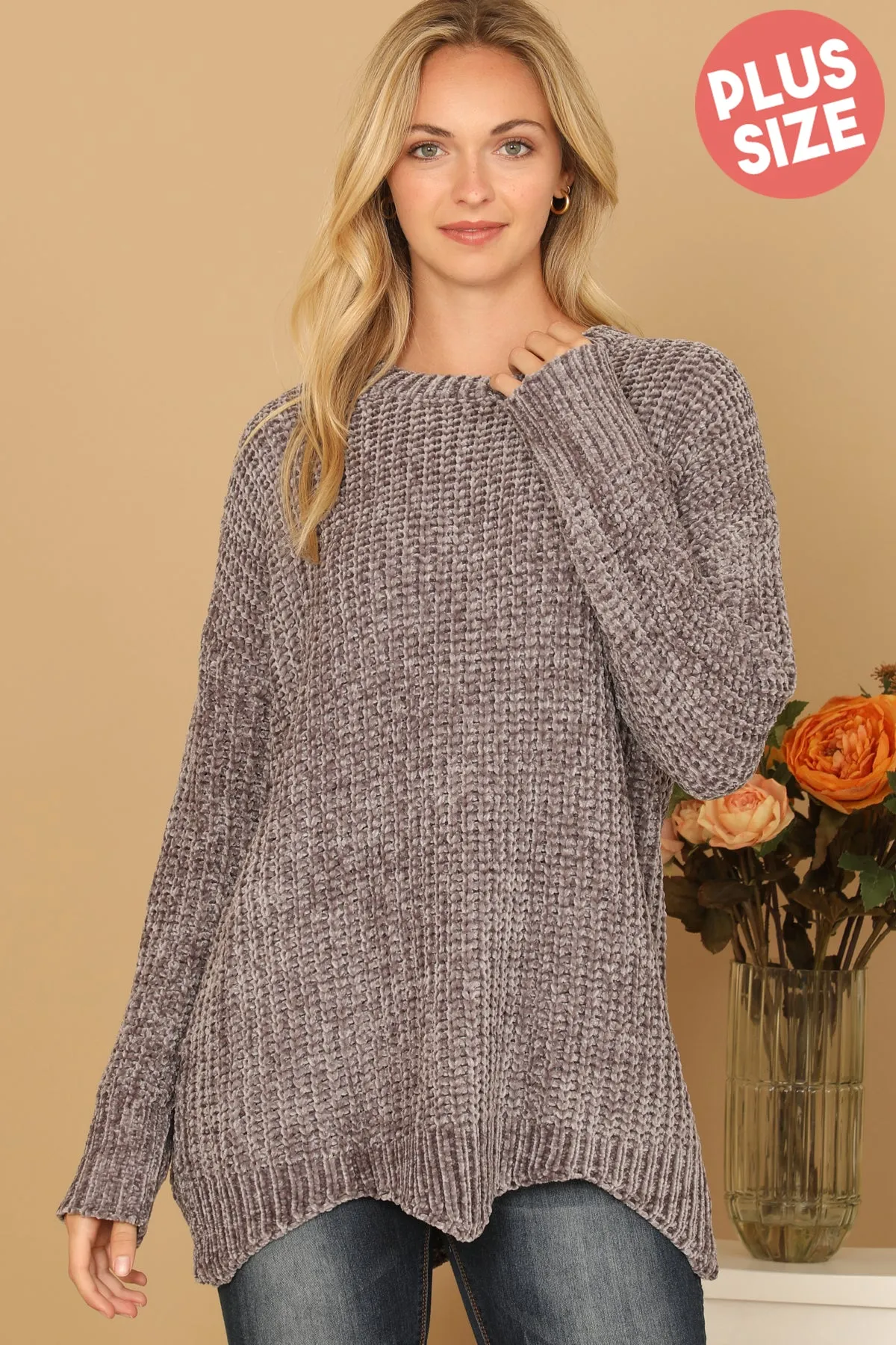 PLUS SIZE CHUNKY CHENILLE KNIT SCALLOPED HEM SWEATER