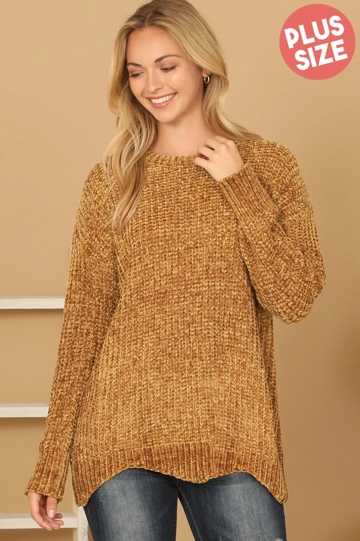 PLUS SIZE CHUNKY CHENILLE KNIT SCALLOPED HEM SWEATER