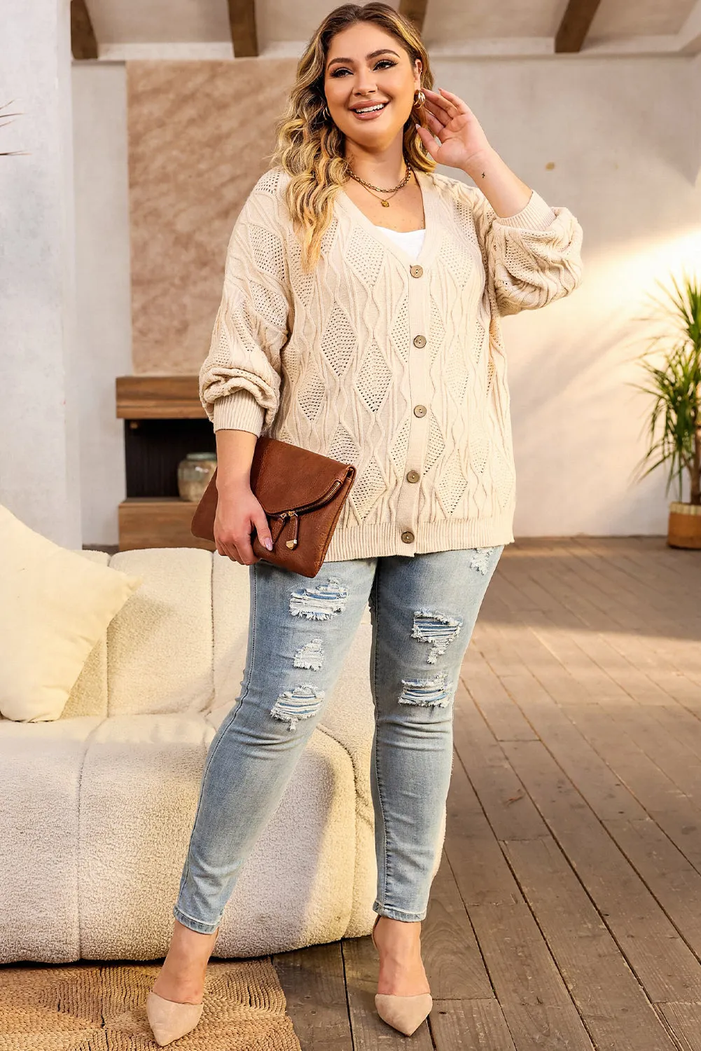 Plus Size Knitted Hollow out Cardigan