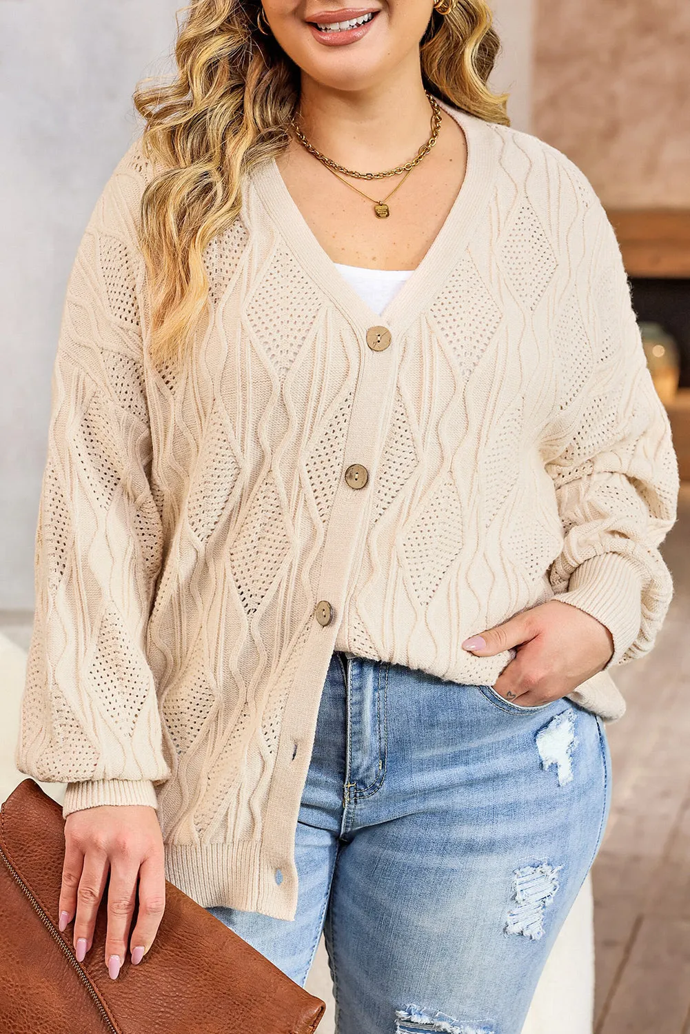 Plus Size Knitted Hollow out Cardigan