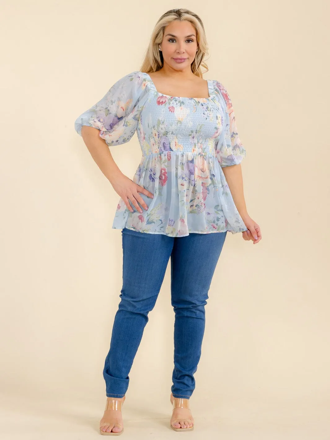 PLUS SIZE SHORT SLEEVE SQUARE NECK SMOCK FLORAL PEPLUM BLOUSE