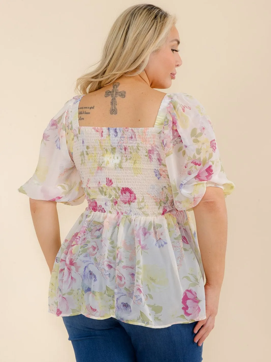PLUS SIZE SHORT SLEEVE SQUARE NECK SMOCK FLORAL PEPLUM BLOUSE