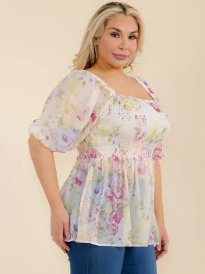 PLUS SIZE SHORT SLEEVE SQUARE NECK SMOCK FLORAL PEPLUM BLOUSE