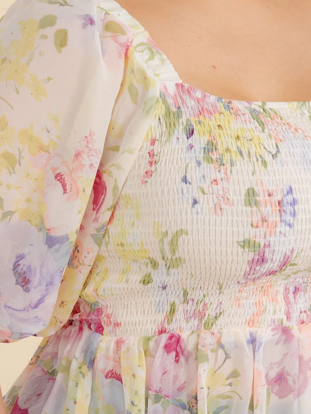 PLUS SIZE SHORT SLEEVE SQUARE NECK SMOCK FLORAL PEPLUM BLOUSE