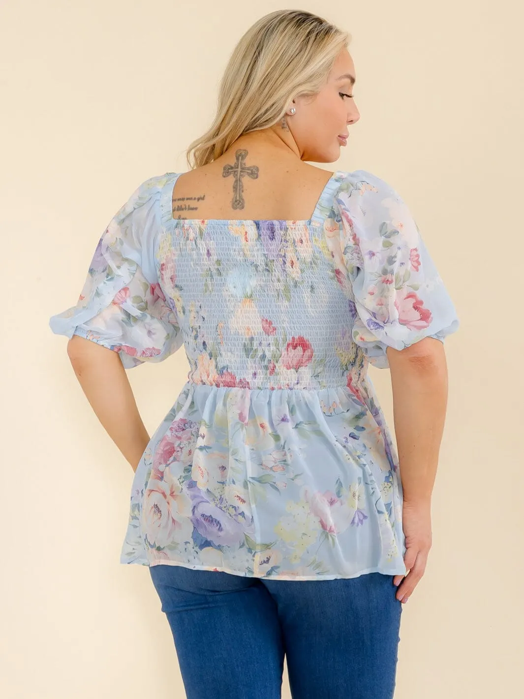 PLUS SIZE SHORT SLEEVE SQUARE NECK SMOCK FLORAL PEPLUM BLOUSE