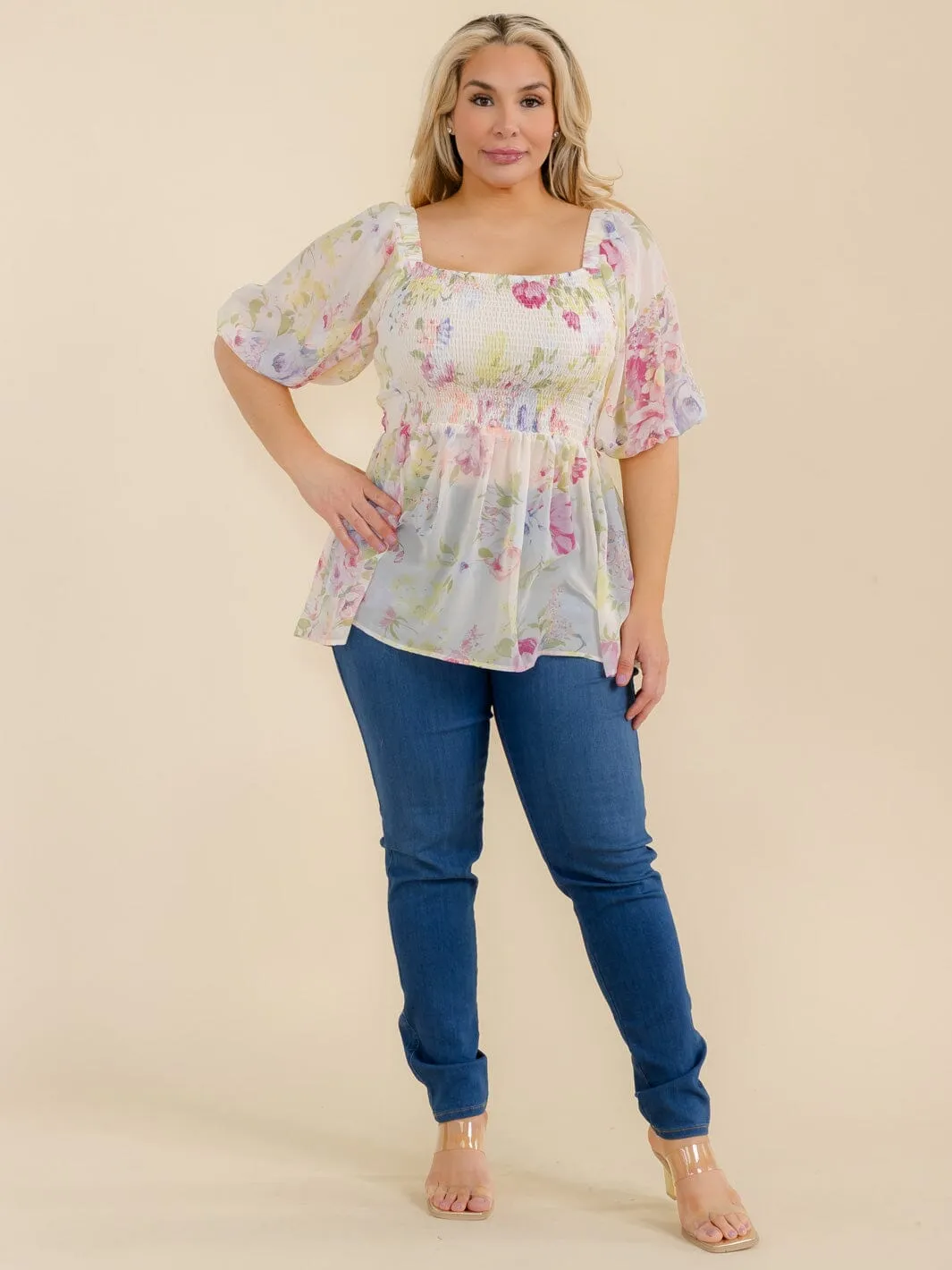 PLUS SIZE SHORT SLEEVE SQUARE NECK SMOCK FLORAL PEPLUM BLOUSE