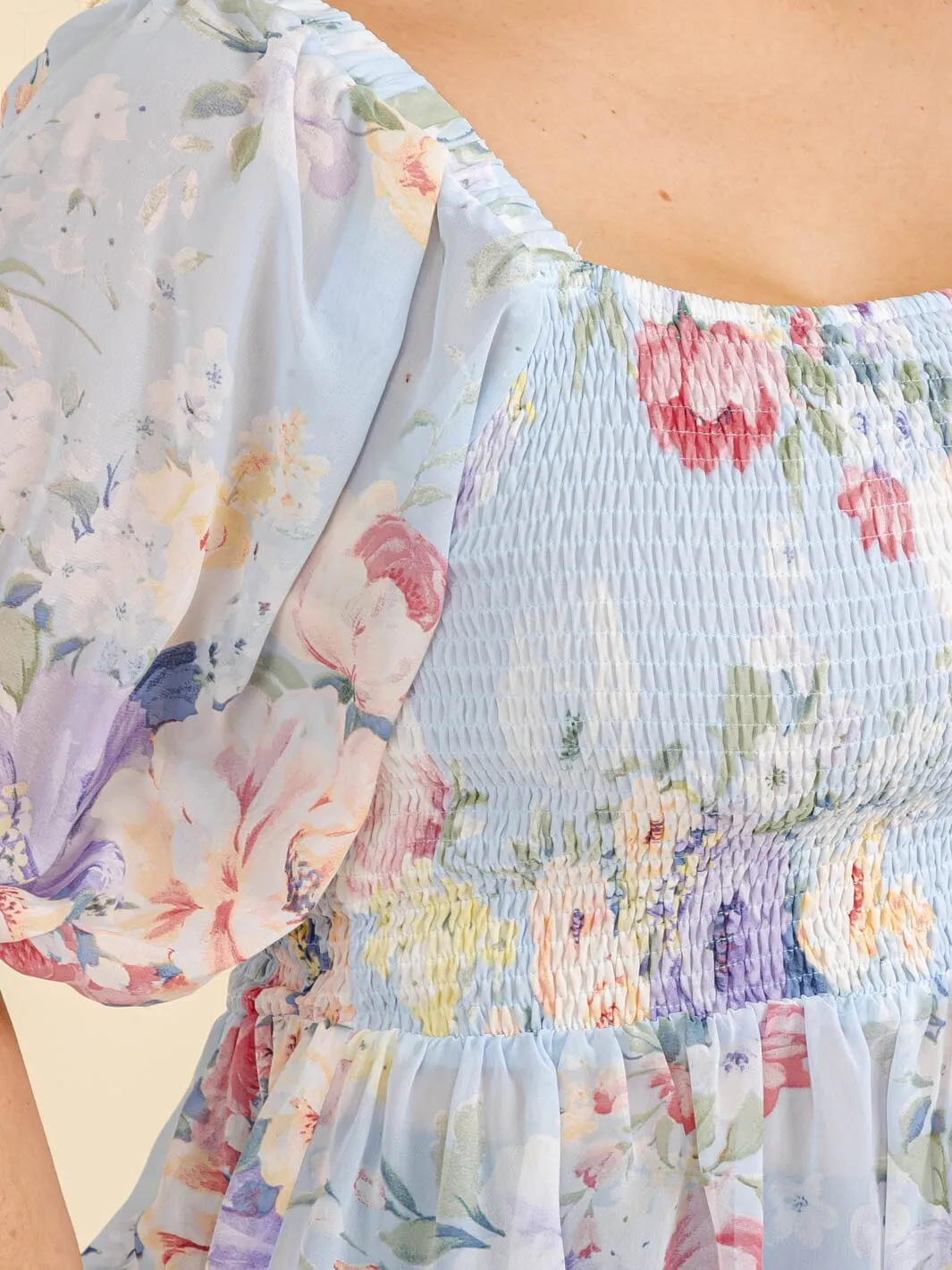 PLUS SIZE SHORT SLEEVE SQUARE NECK SMOCK FLORAL PEPLUM BLOUSE