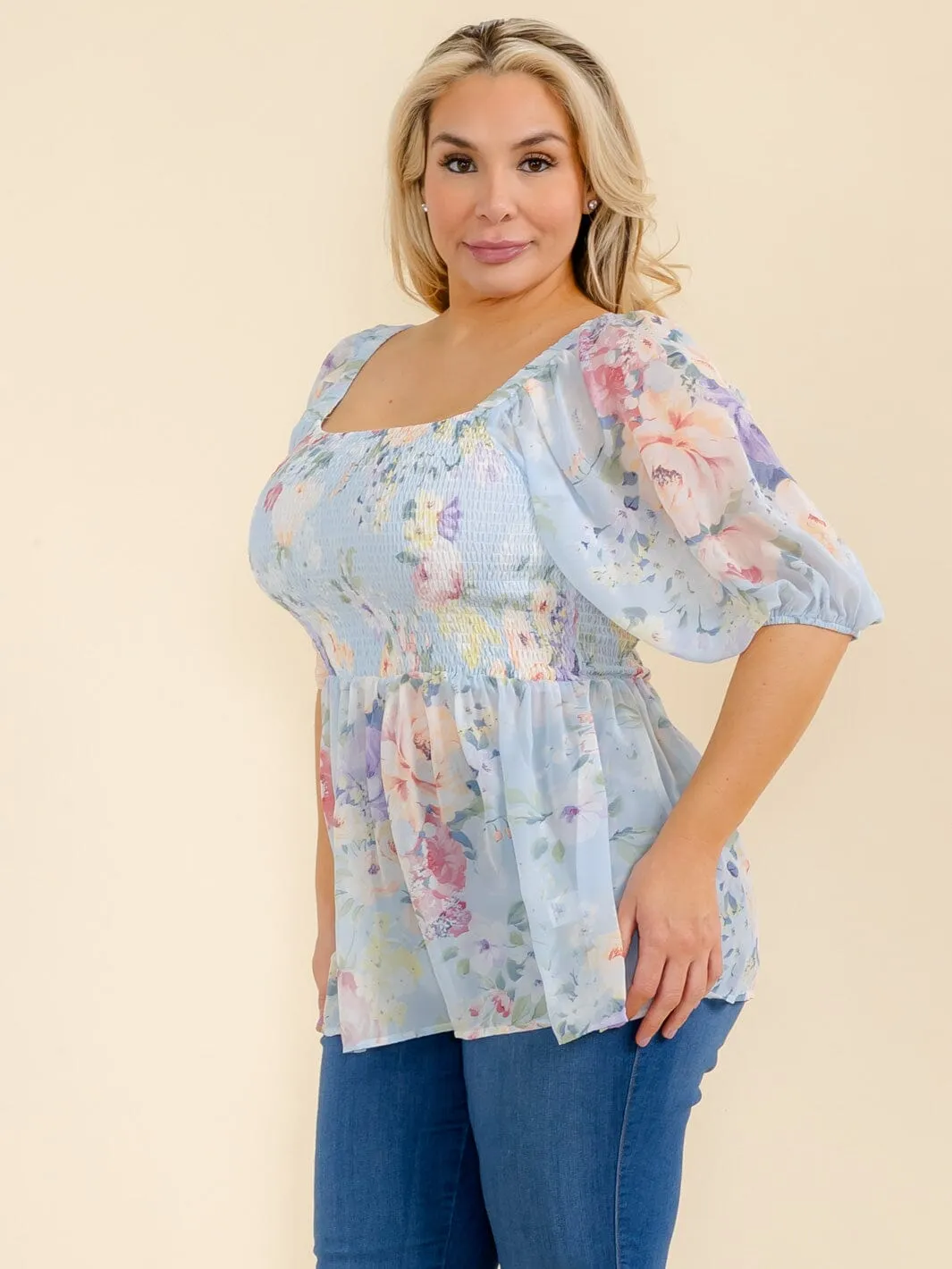 PLUS SIZE SHORT SLEEVE SQUARE NECK SMOCK FLORAL PEPLUM BLOUSE