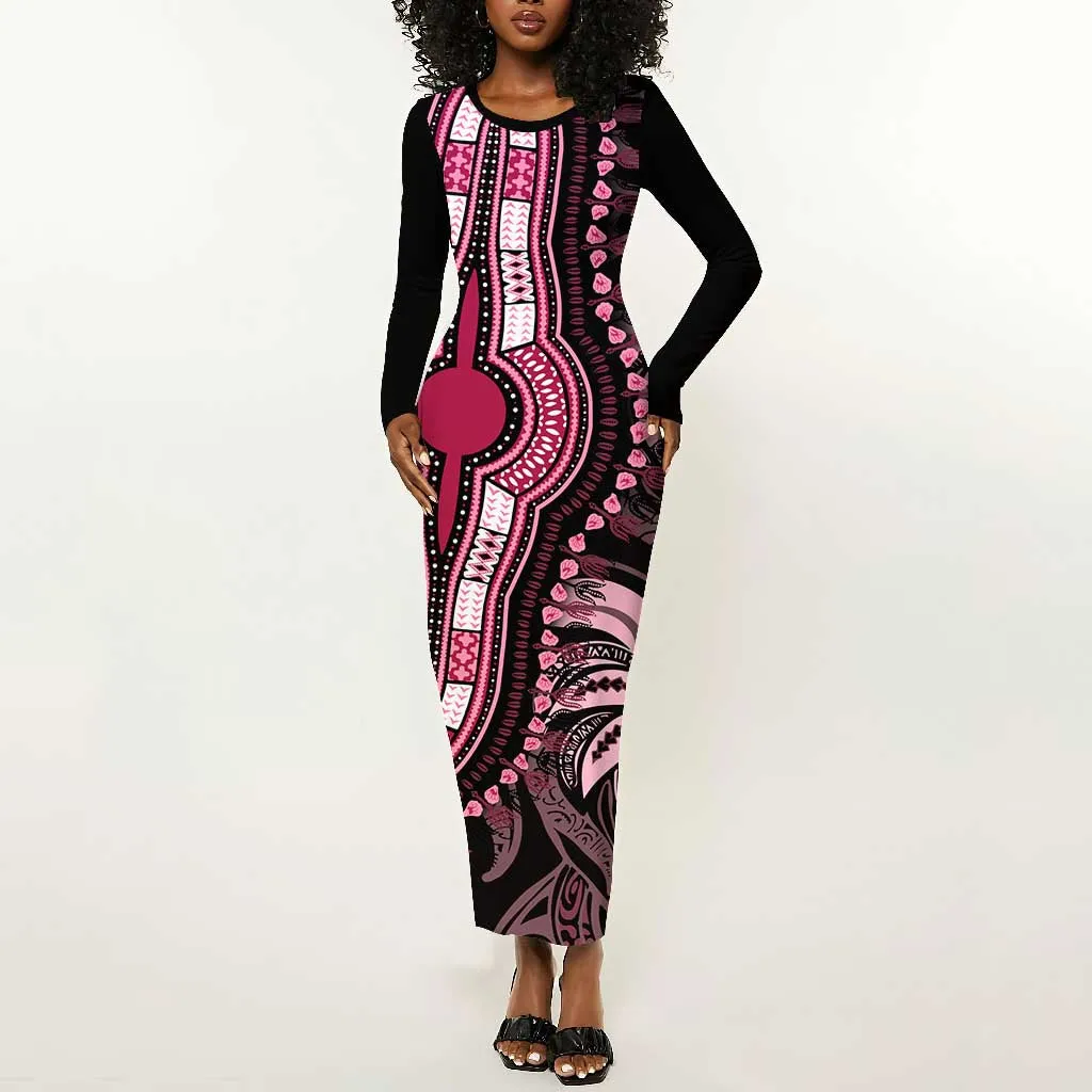 Polynesia Mixed African Dashiki Long Sleeve Bodycon Dress Afro-pacific Culture - Pink LT9