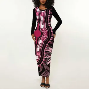 Polynesia Mixed African Dashiki Long Sleeve Bodycon Dress Afro-pacific Culture - Pink LT9