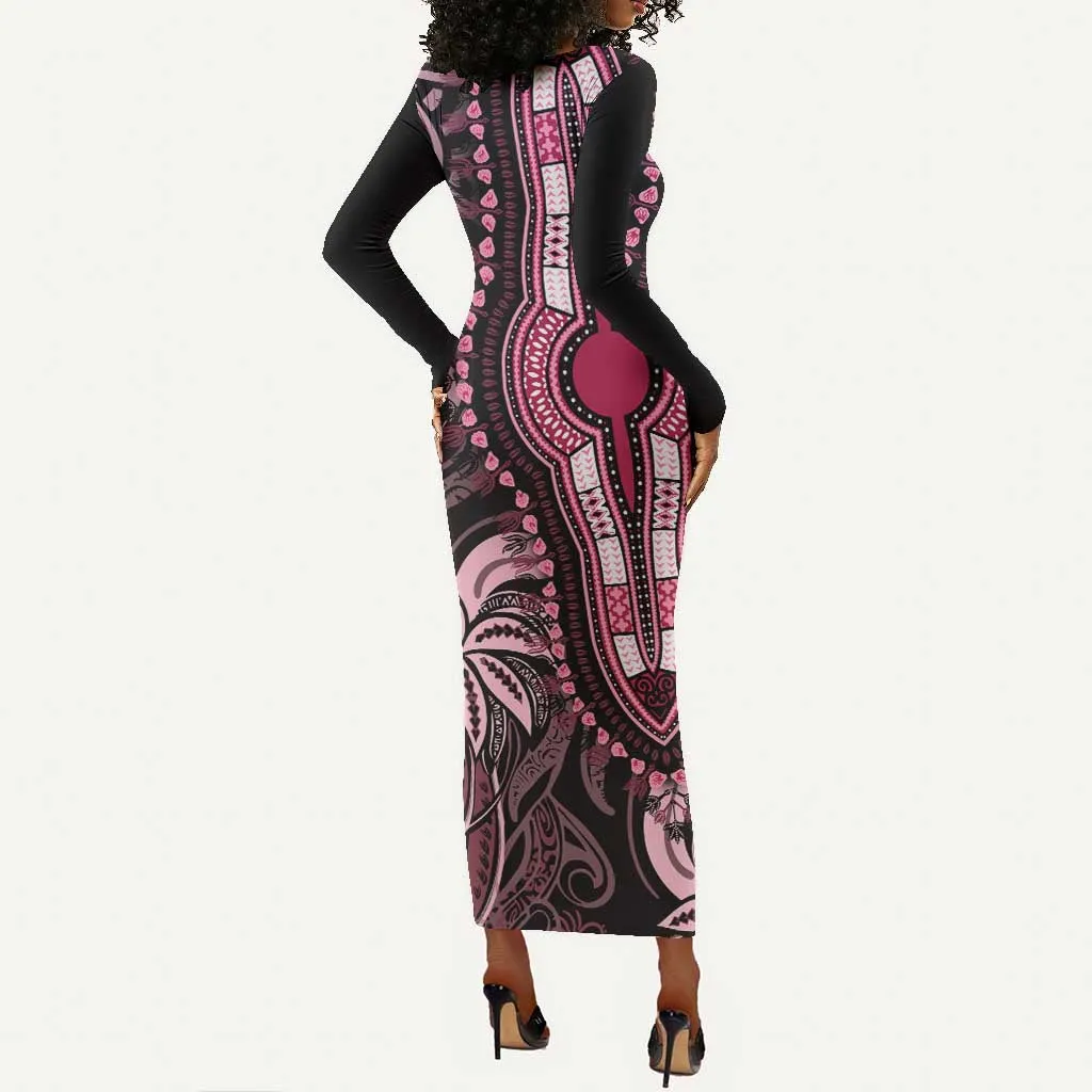 Polynesia Mixed African Dashiki Long Sleeve Bodycon Dress Afro-pacific Culture - Pink LT9