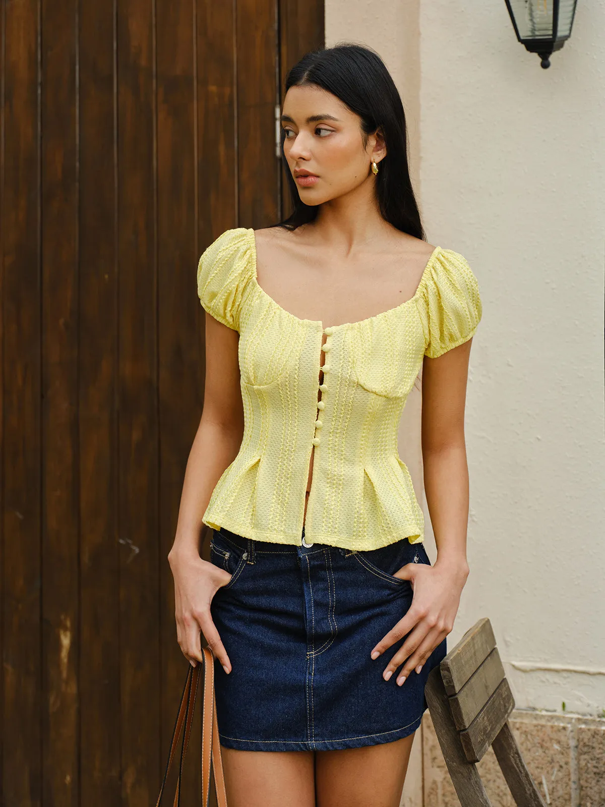 Puff Sleeve Button-Front Peplum Top