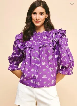 Purple Floral Ruffle Top