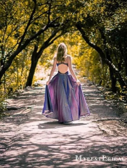 Purple Spaghetti Strap Charming Sparkly Satin A-line Long Cheap Formal Evening Prom Dresses, TYP0122
