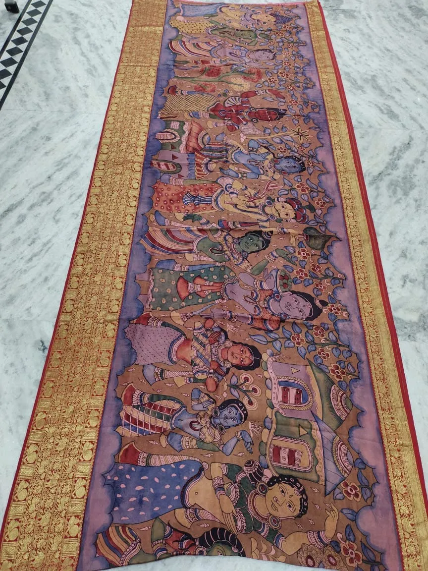 Ramayana Theme pure kanchi pen kalamkari Saree in kanchi border | kanchi saree | Authentic pattu Saree | Handloom Saree | pattu saree - MTO