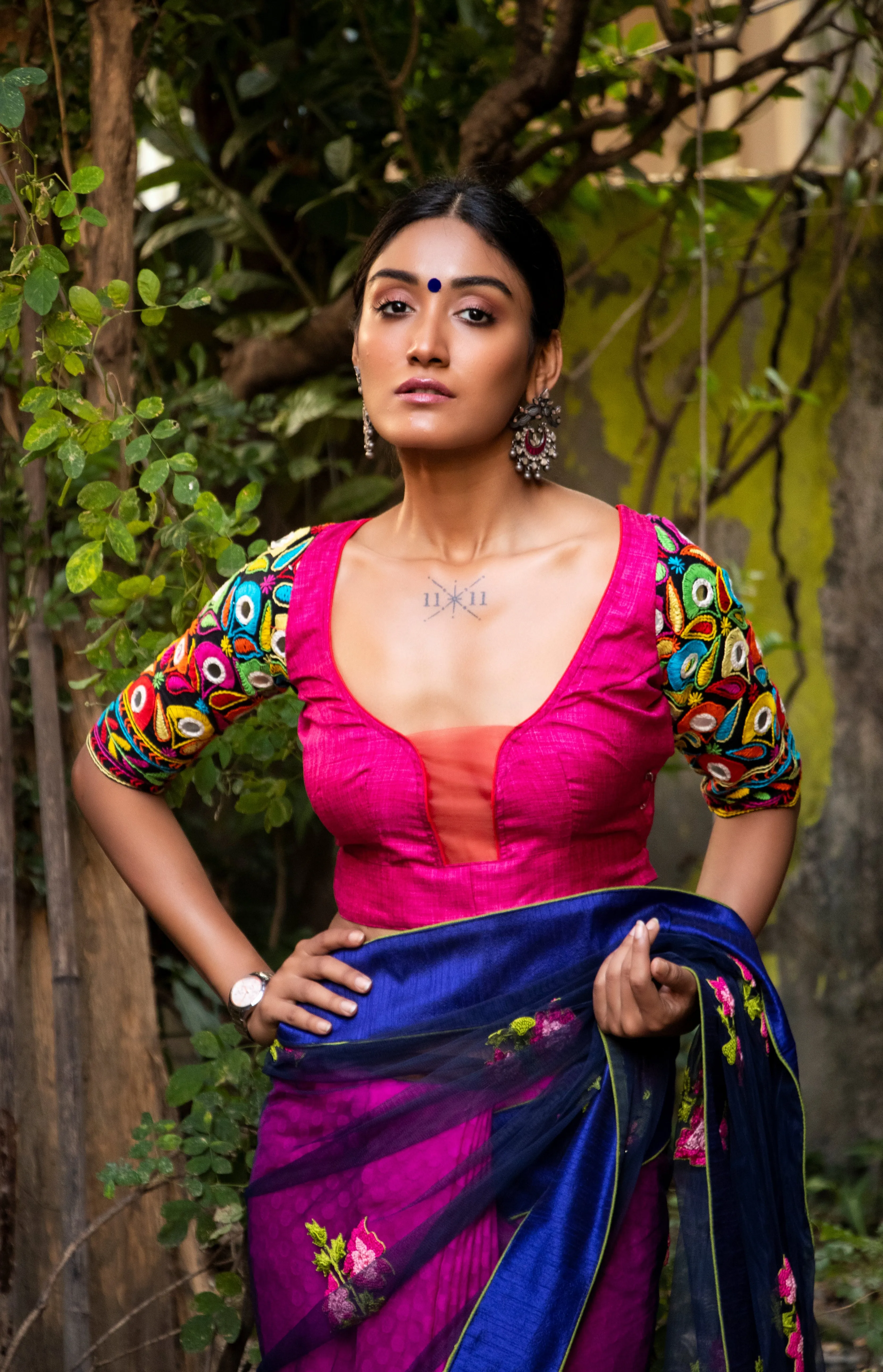 Rani Color Raw Silk Blouse With Multicolor Hand Embroidery Sleeves