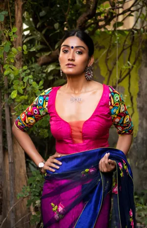 Rani Color Raw Silk Blouse With Multicolor Hand Embroidery Sleeves