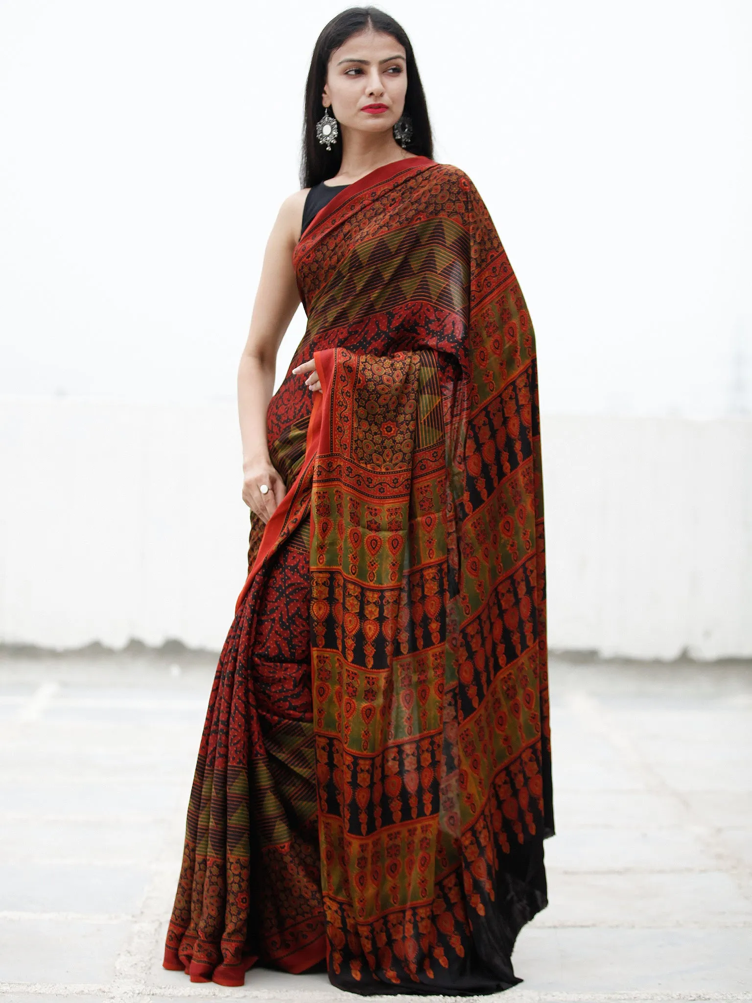 Red Black Green Ajrakh Hand Block Printed Modal Silk Saree in Natural Colors - S031703725