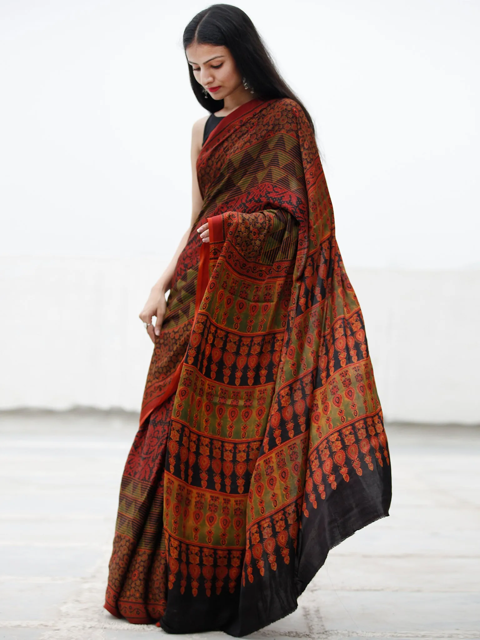 Red Black Green Ajrakh Hand Block Printed Modal Silk Saree in Natural Colors - S031703725