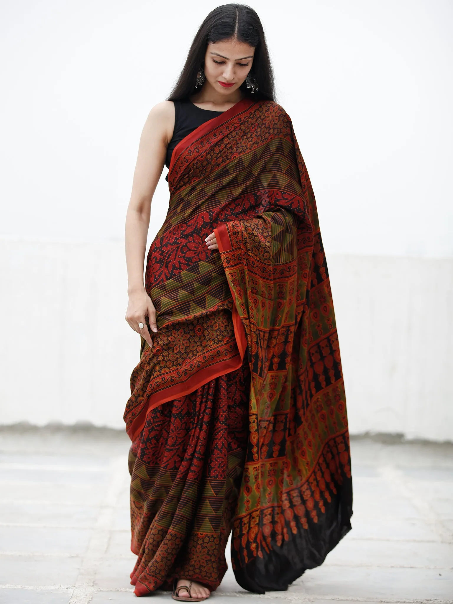 Red Black Green Ajrakh Hand Block Printed Modal Silk Saree in Natural Colors - S031703725