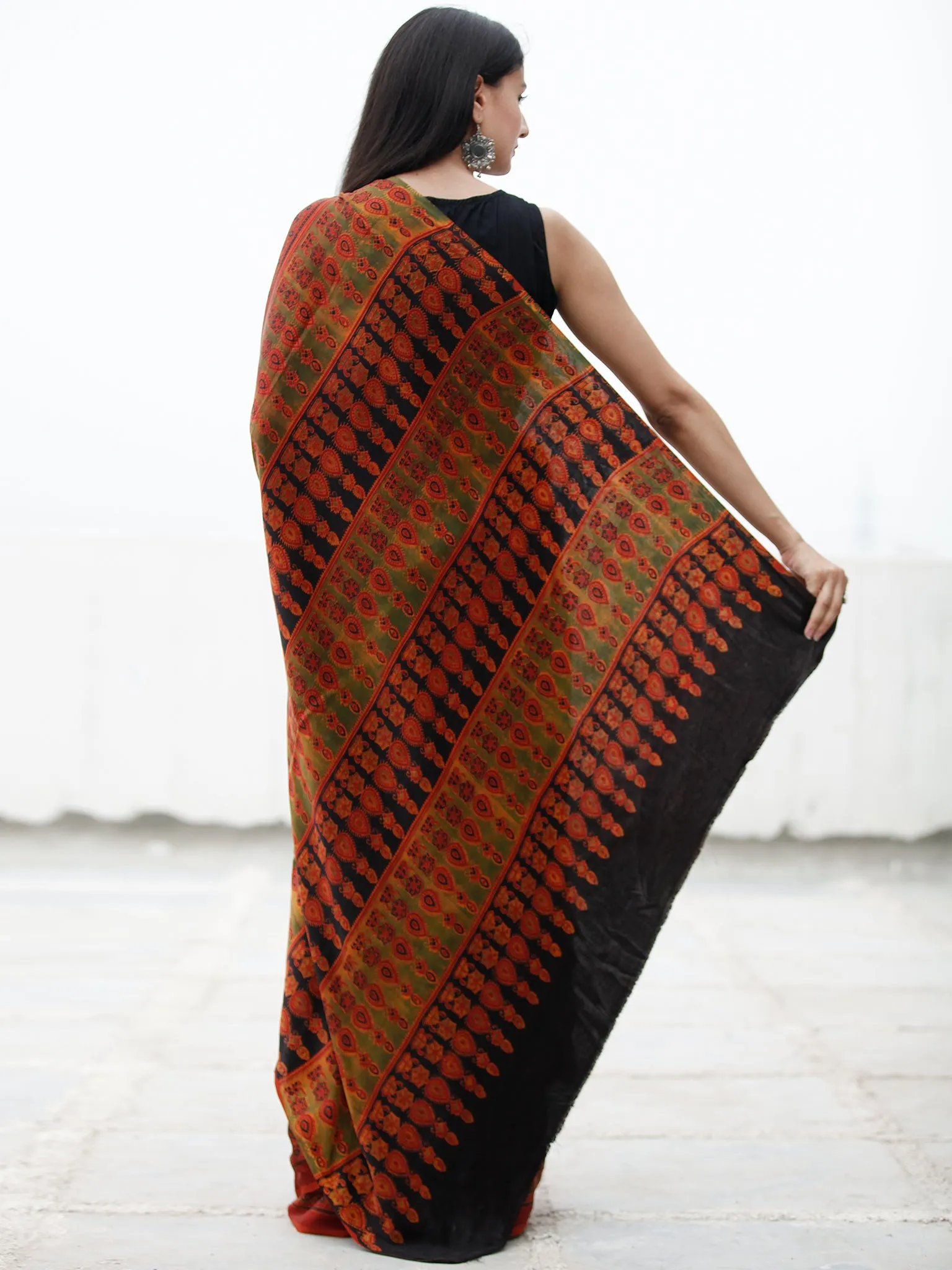 Red Black Green Ajrakh Hand Block Printed Modal Silk Saree in Natural Colors - S031703725