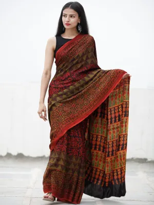 Red Black Green Ajrakh Hand Block Printed Modal Silk Saree in Natural Colors - S031703725