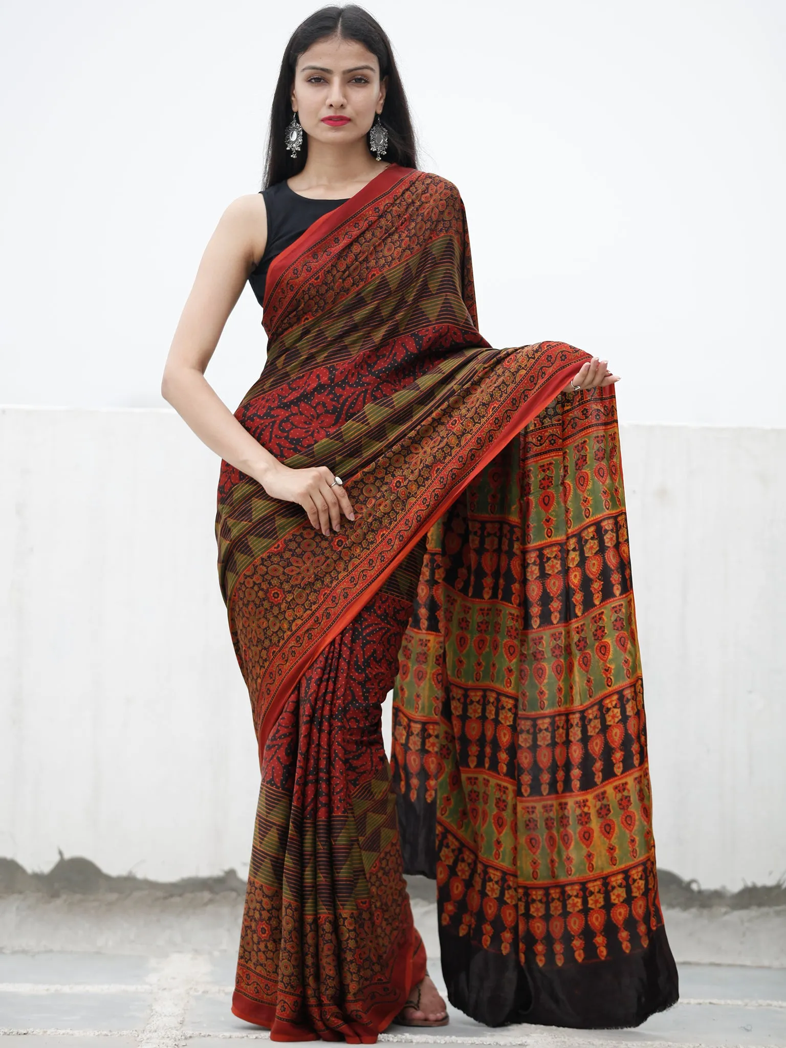 Red Black Green Ajrakh Hand Block Printed Modal Silk Saree in Natural Colors - S031703725