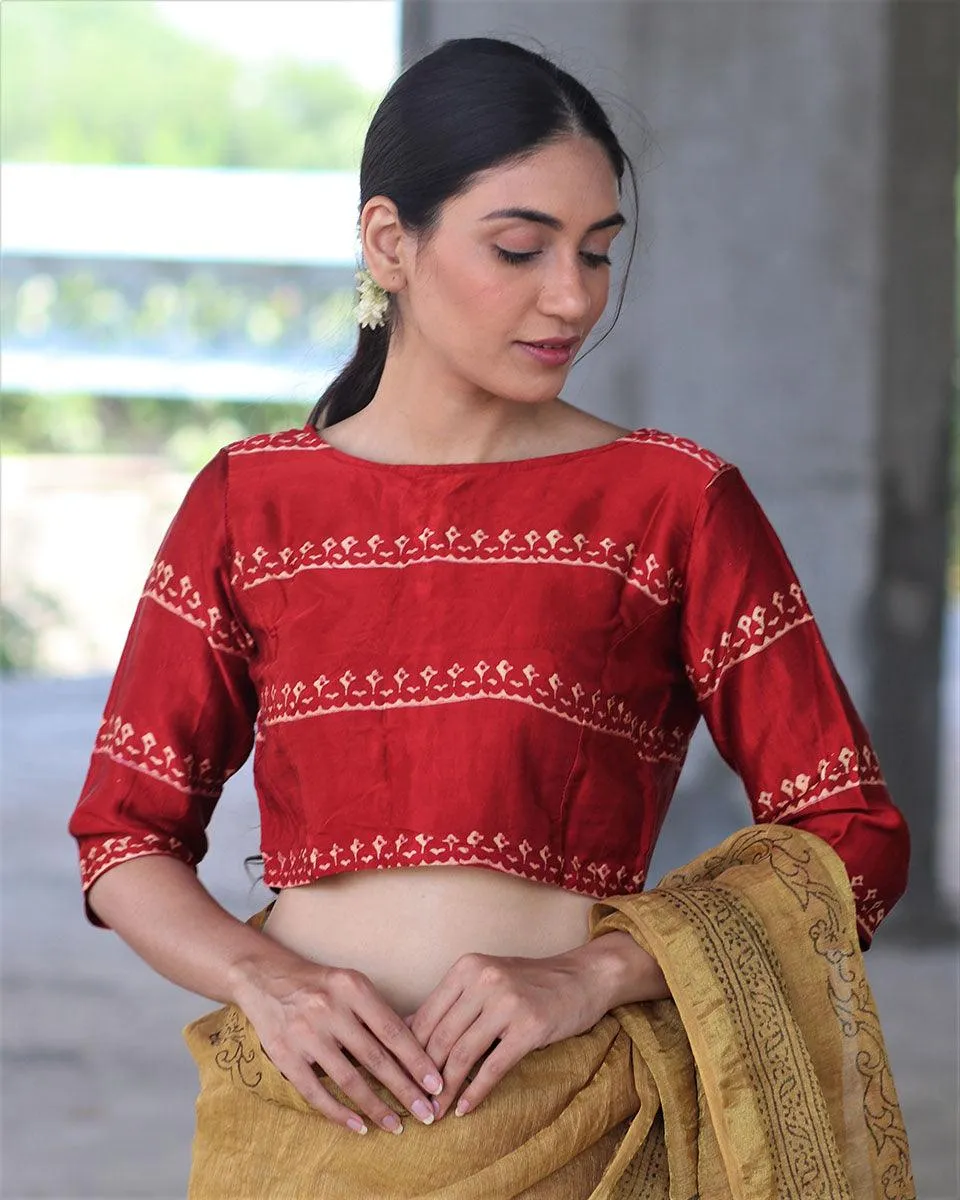 Red Block Printed Blouse In Mashru Silk