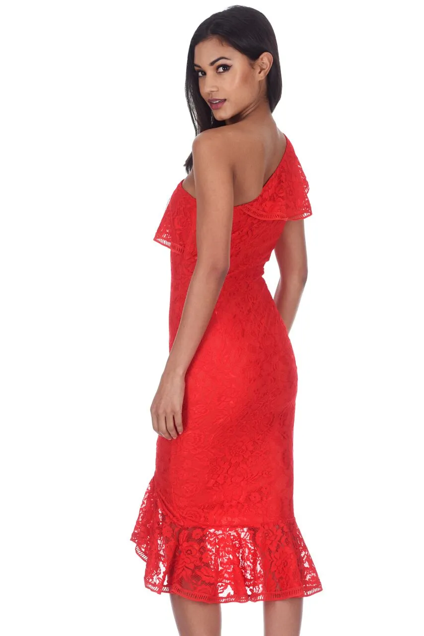 Red Bodycon Frill One Shoulder Midi Dress
