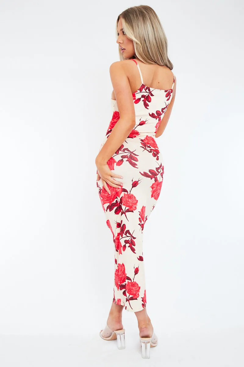 Red Floral Print Bodycon Maxi Dress - Sasha