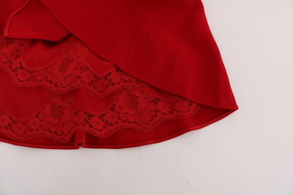 Red Lece Pleated Above Knee Skirt