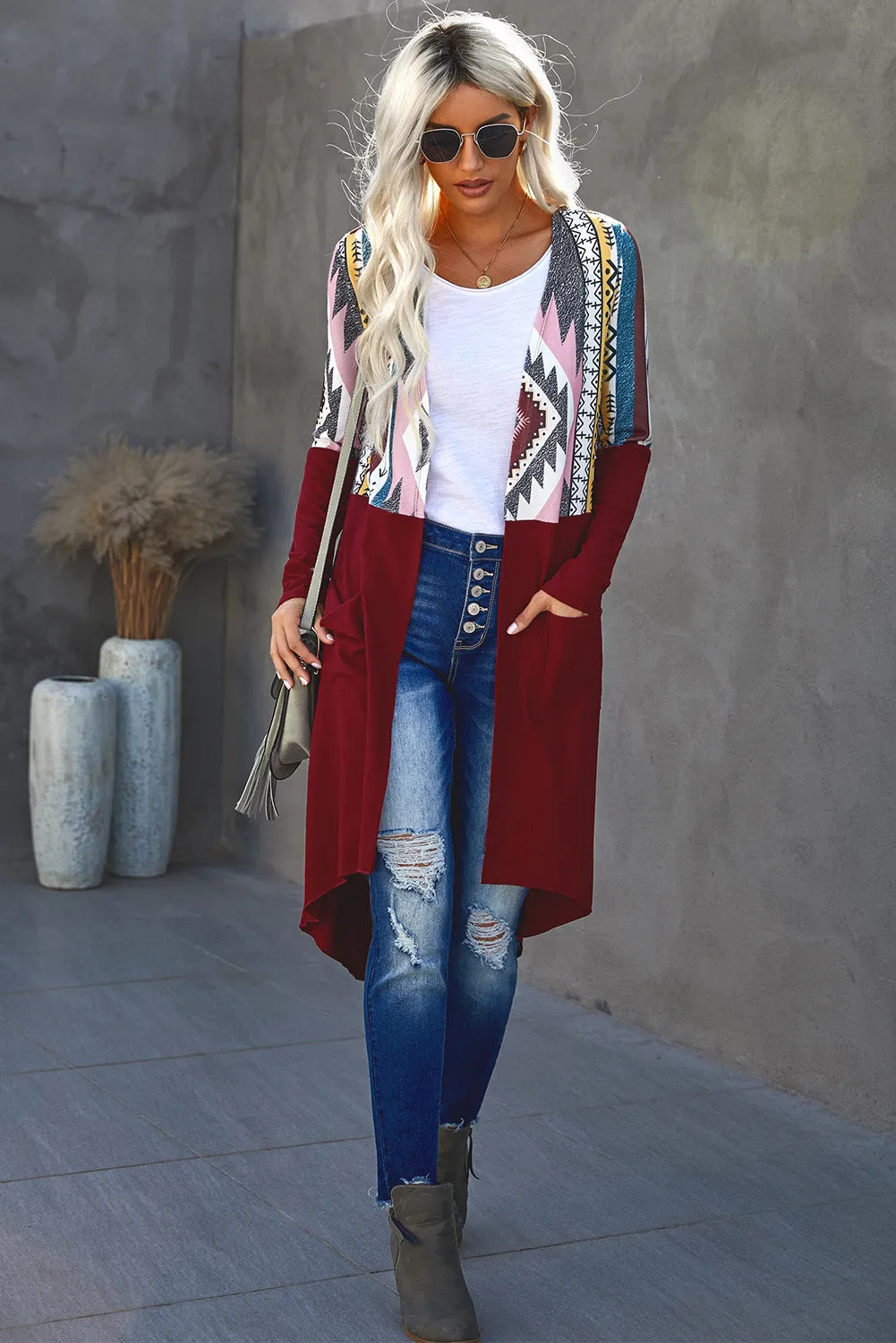 Red Tribal Printed Open Front Pockets Long Cardigan