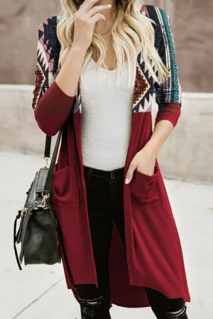 Red Tribal Printed Open Front Pockets Long Cardigan