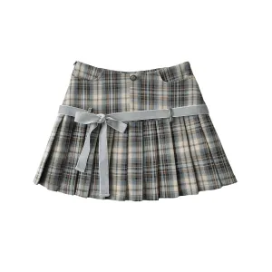 Retro Plaid Bow Lace up Pleated Skirt