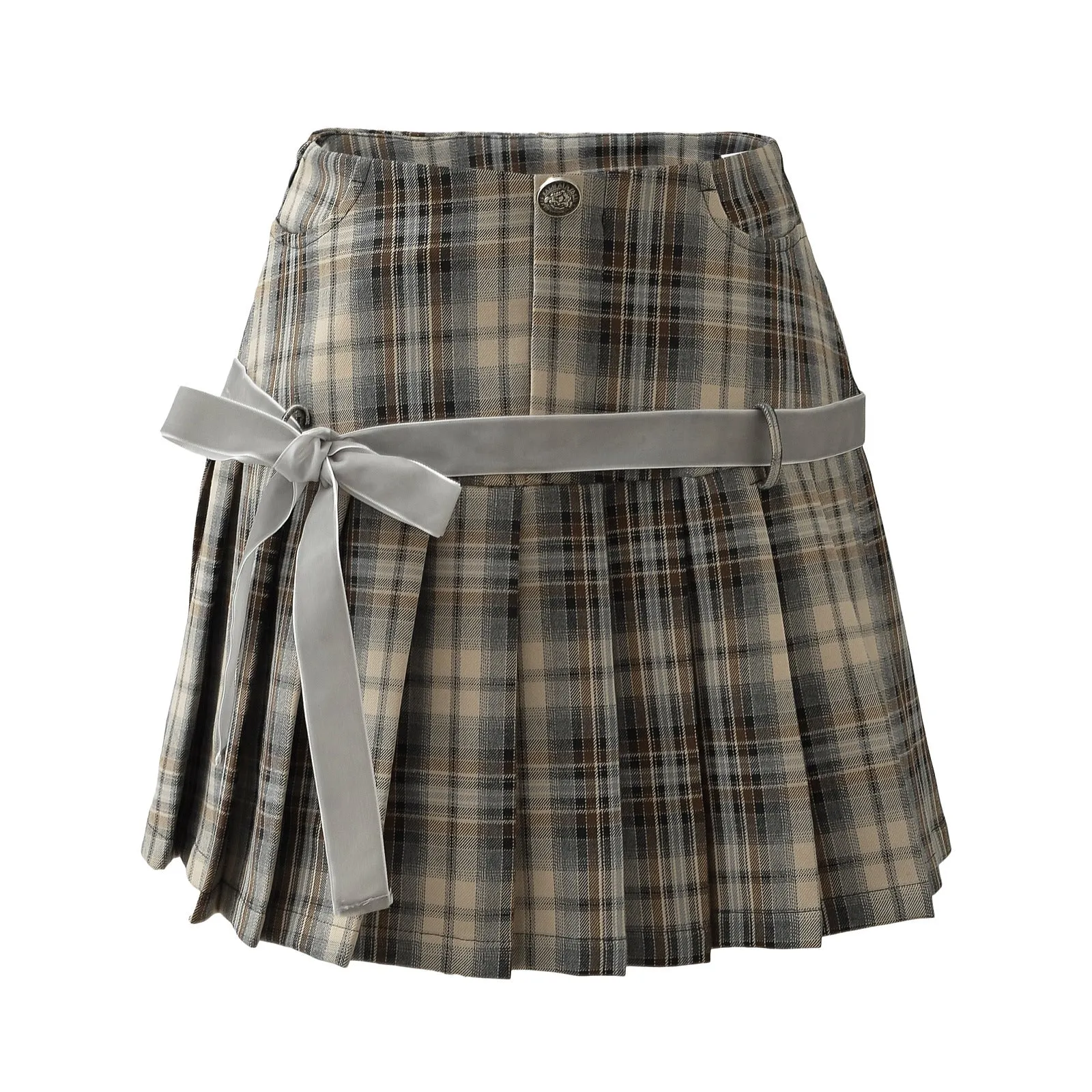 Retro Plaid Bow Lace up Pleated Skirt
