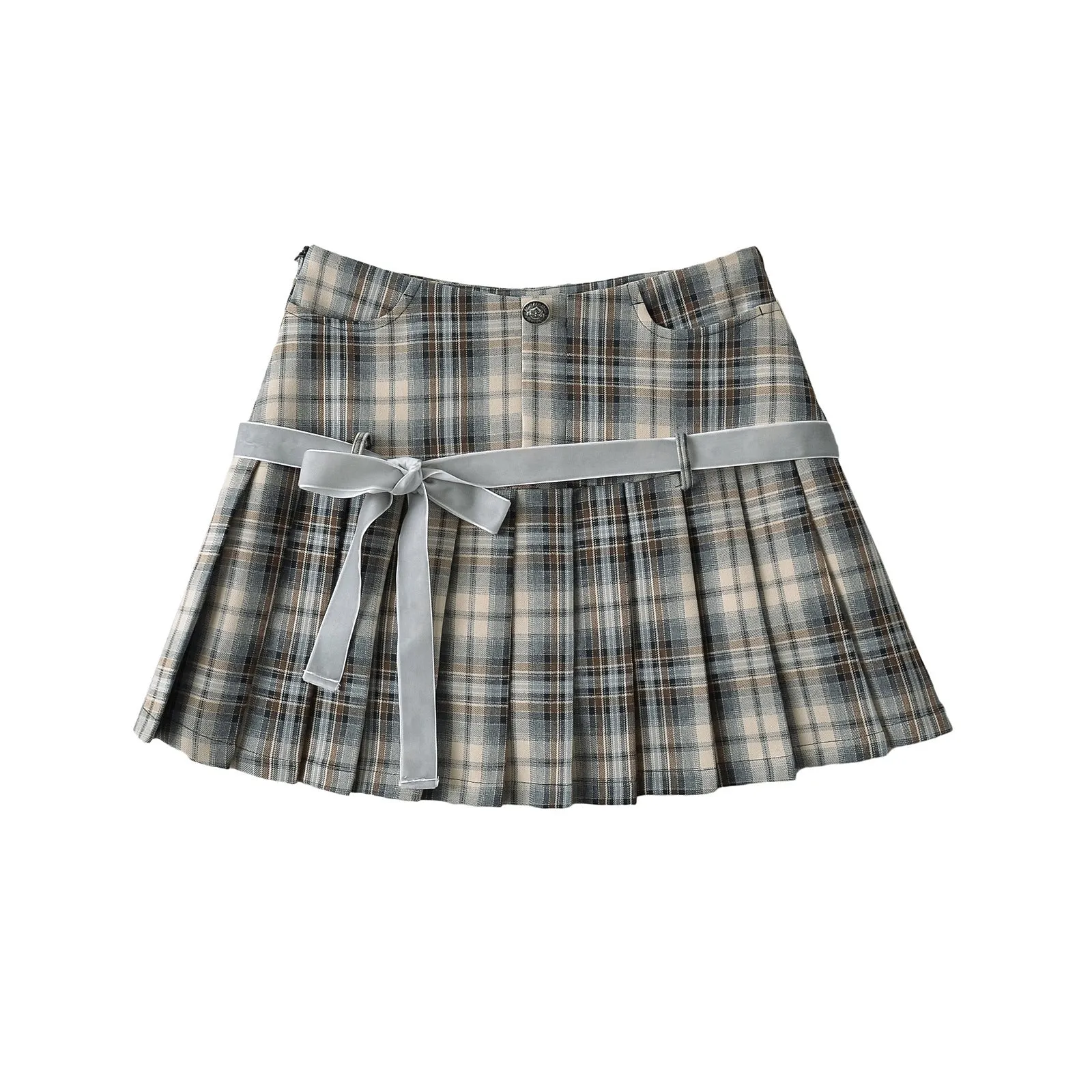 Retro Plaid Bow Lace up Pleated Skirt