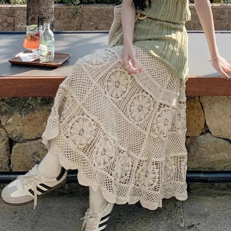 Retro Vacation Style Crocheted Hollow Beige Maxi Skirt