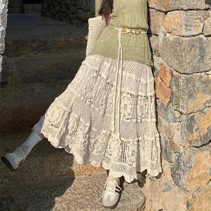Retro Vacation Style Crocheted Hollow Beige Maxi Skirt