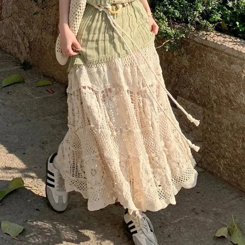 Retro Vacation Style Crocheted Hollow Beige Maxi Skirt